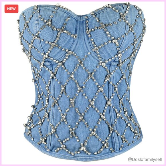 Denim Rhinestone Corset Top Strapless Padded Y2K Club Party Bodysuit